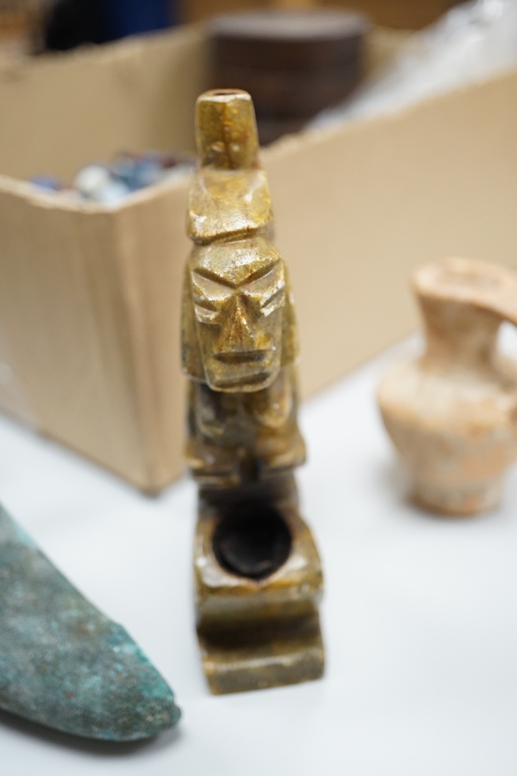 A pair of Turkish bath shoes, a collection of African beads and Middle Eastern vessels etc.